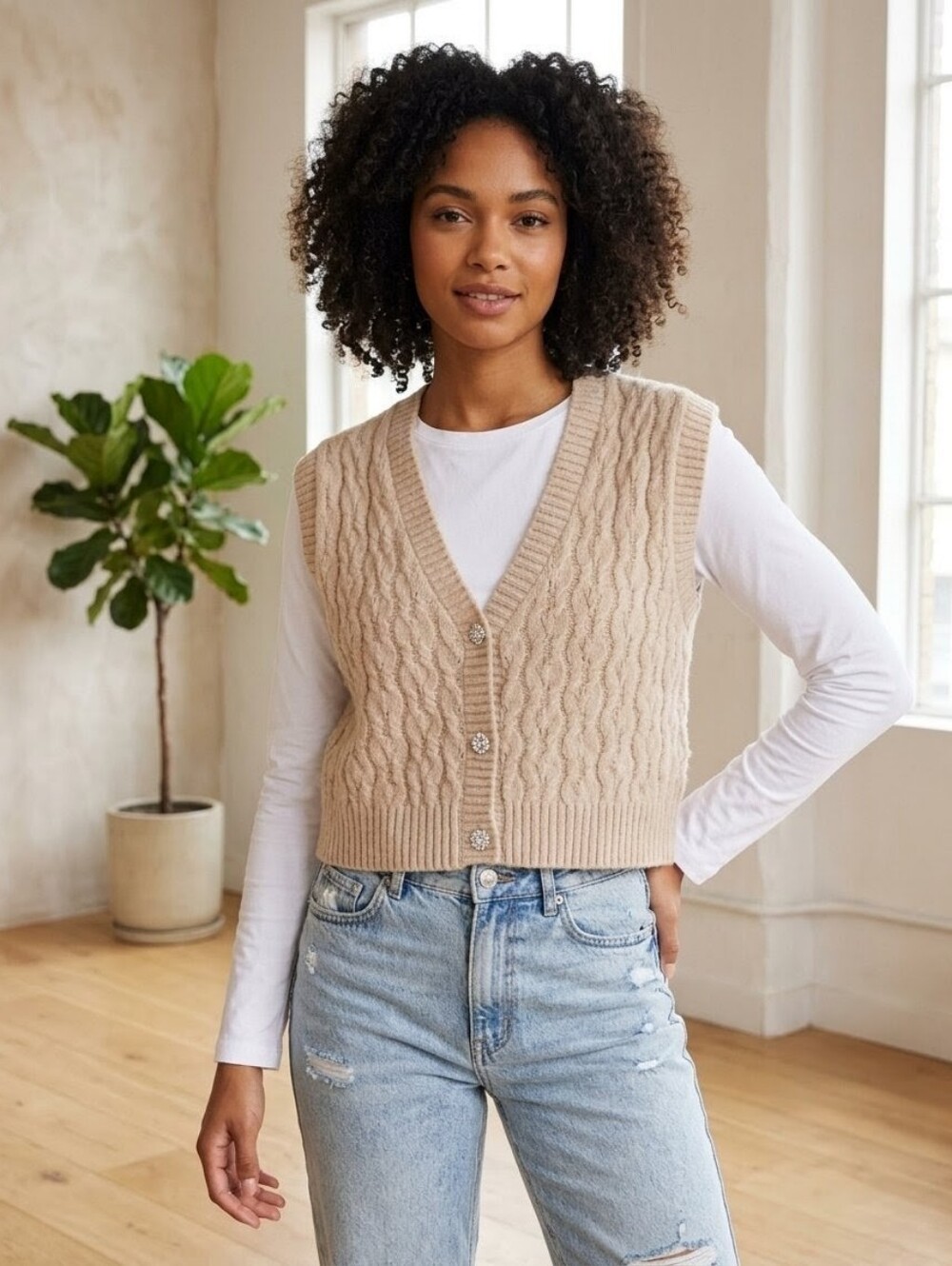 ONLY Beige Cable Knit V-Neck Sleeveless Cardigan Vest NWOT Size S